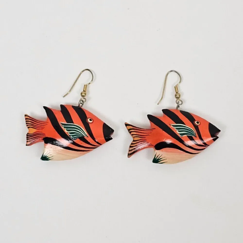 Vintage Fish Hand Painted Orange Wood Dangle Hook Pierced Tropical Boho Earrings
